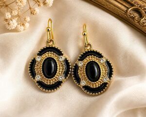 Vintage 1980s Etruscan Revival Dangle Earrings Black Enamel Gold Tone Rhinestone